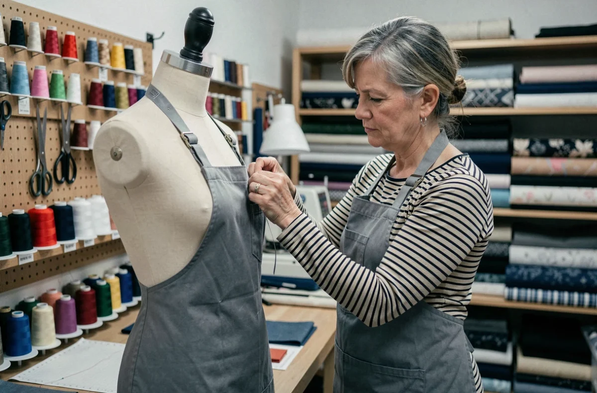 Couturière ajustant une robe sur un mannequin dans un atelier de retouches professionnelles