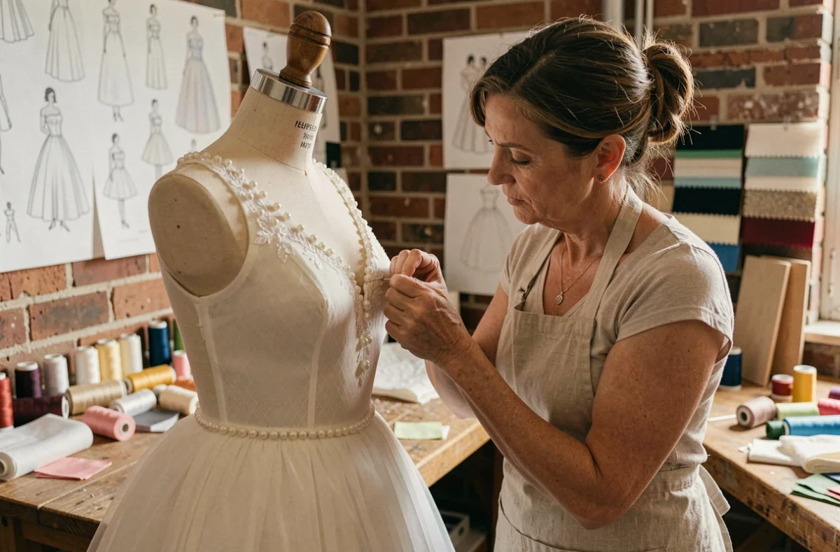 Couturière cousant à la main des perles sur une robe de mariée haute couture dans un atelier artisanal