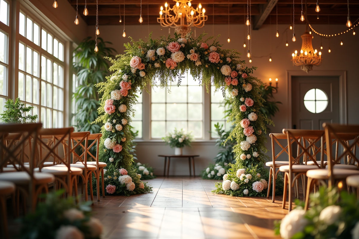 Décoration intérieure de mariage avec guirlandes et arche florale