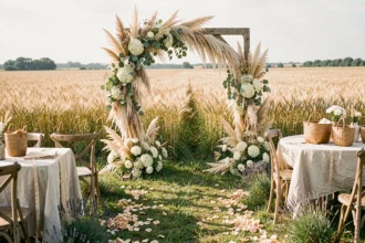 Décoration de cérémonie champêtre avec arche en bois ornée de pampa, eucalyptus et fleurs sauvages dans une prairie dorée