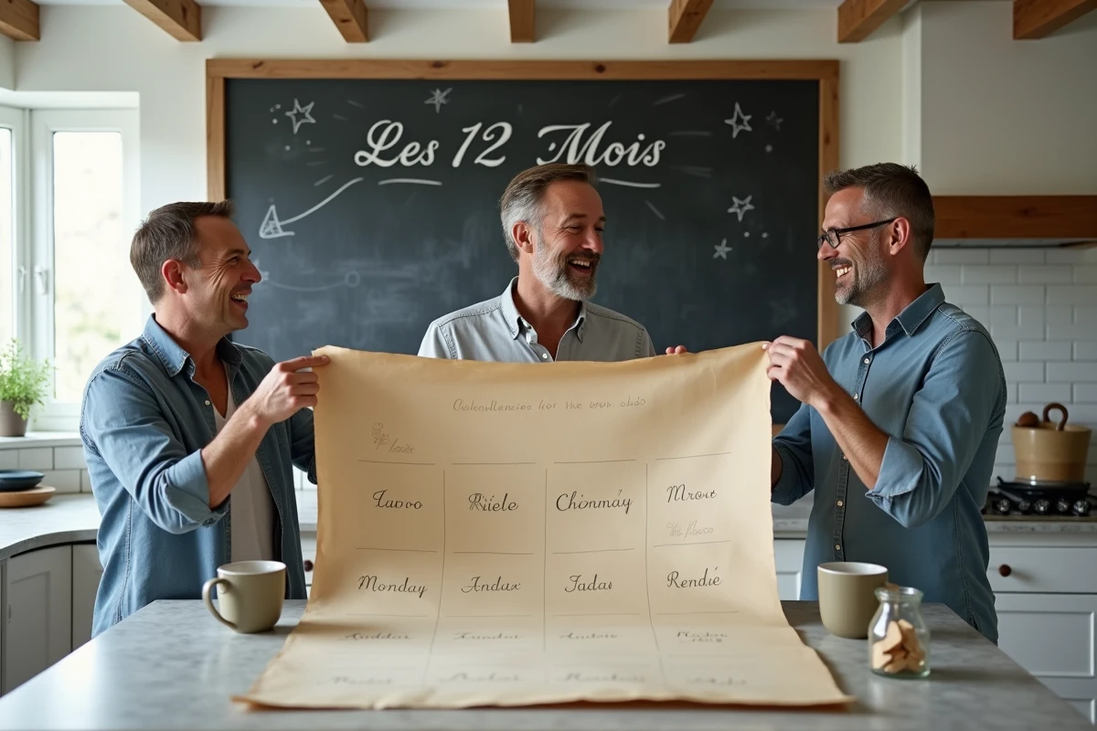 Trois adultes découvrant les défis du jeu des douze mois dans une cuisine moderne avec tableau noir