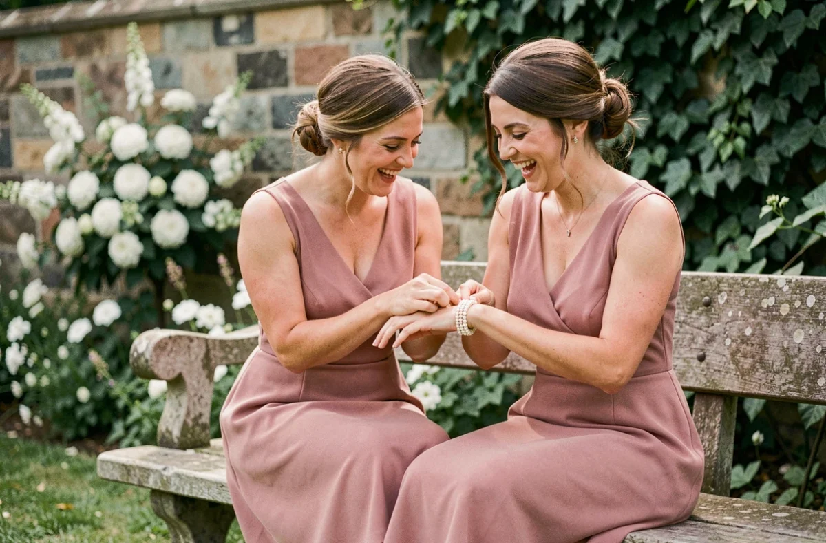 Deux demoiselles d'honneur attachant un bracelet perles et strass dans un jardin de mariage en plein air