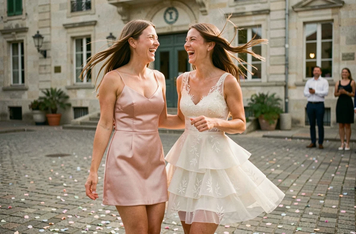 Deux mariées en robes courtes originales qui rient ensemble devant la mairie après un mariage civil