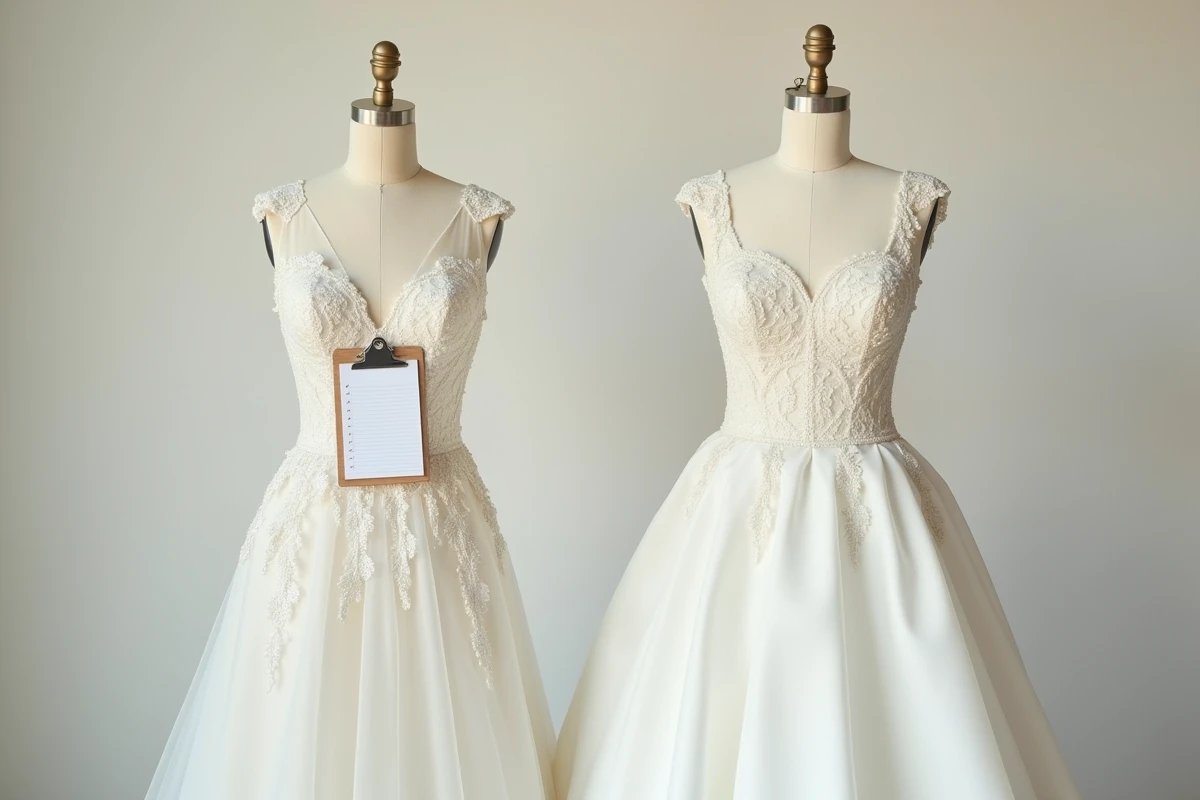 Comparaison côte à côte d'une vraie robe de mariée de luxe et d'une copie bon marché sur des mannequins de couture, mettant en évidence les différences de qualité