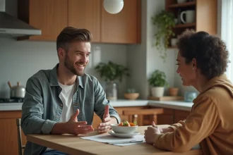 Un couple discutant dans une cuisine chaleureuse