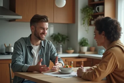 Un couple discutant dans une cuisine chaleureuse