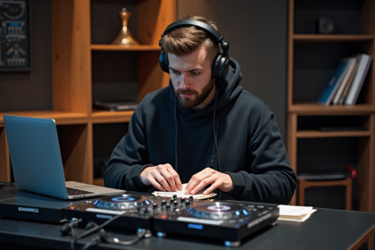 Jeune DJ masculin comptant des billets en studio