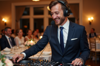DJ souriant en costume dans une salle de mariage élégante