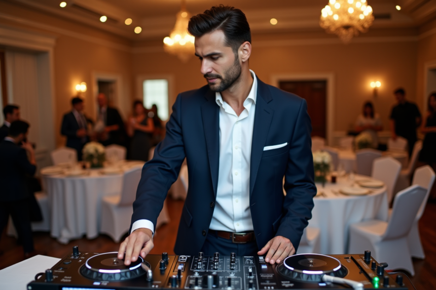 DJ homme en blanc et bleu anime la soirée mariage