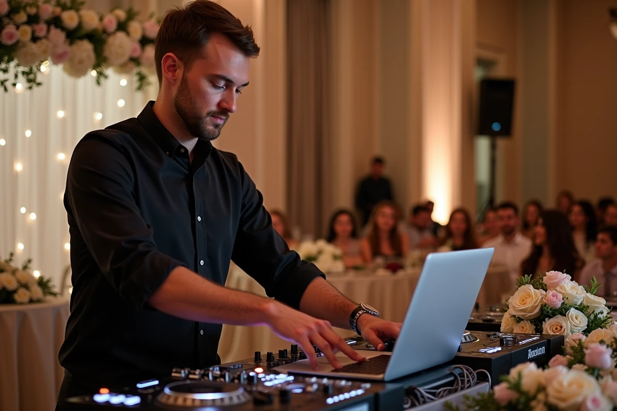 DJ professionnel préparant la musique pour l'entrée des mariés lors d'une cérémonie de mariage