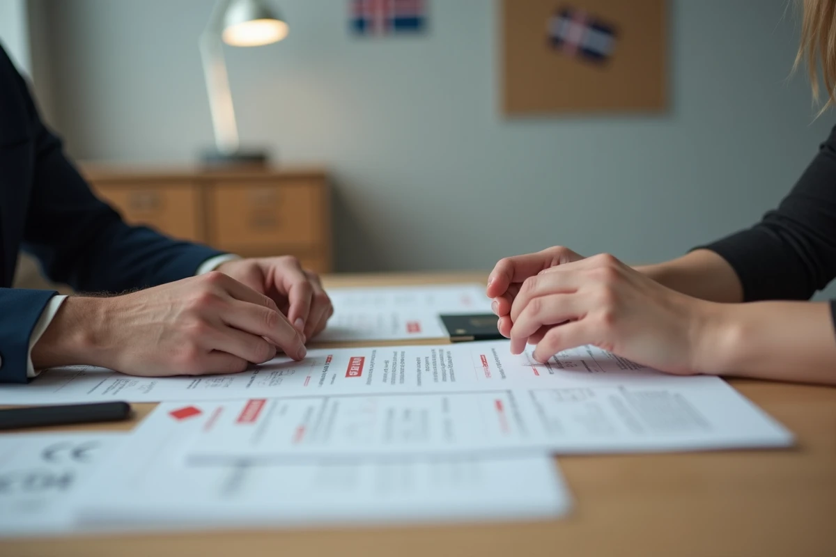 Mains d'un couple posées sur des documents de demande de mariage au Danemark, passeports et formulaires officiels visibles sur un bureau en bois clair