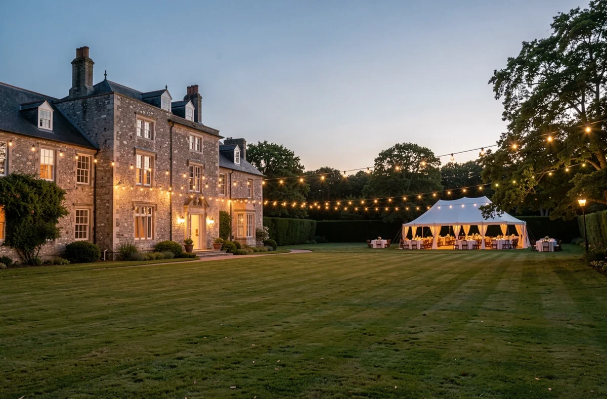 Domaine privatisé éclairé le soir pour un mariage