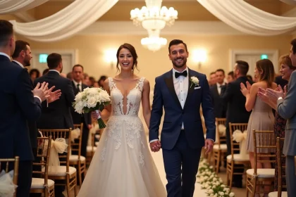 Couple de mariés faisant leur entrée dans la salle de réception sous les applaudissements des invités