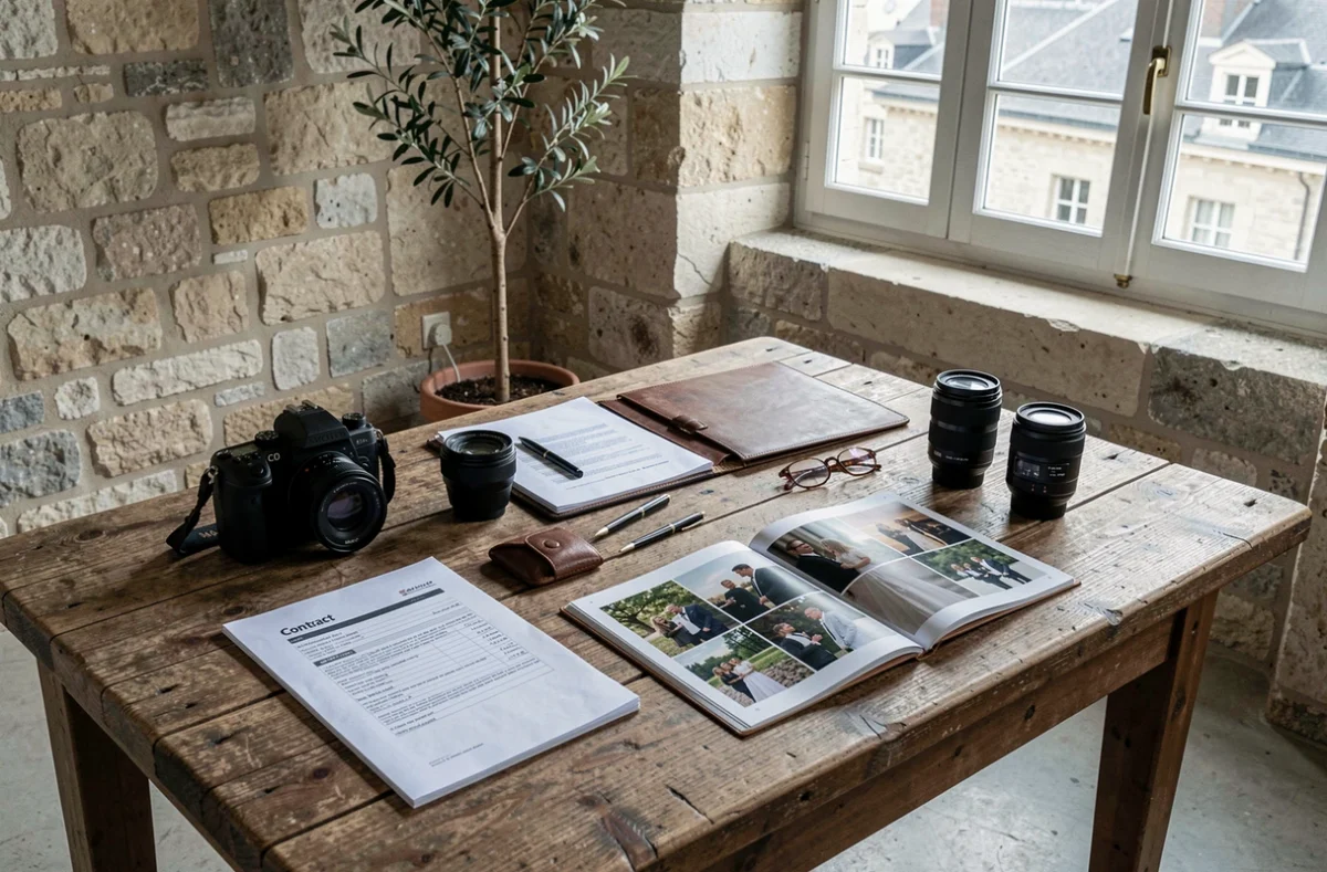 Équipement photo professionnel et portfolio posés sur une table en bois dans un studio à Blois