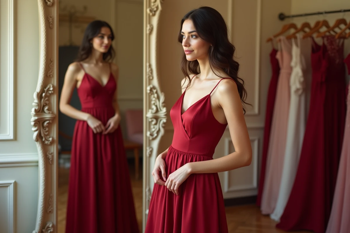 Demoiselle d'honneur en robe rouge satin devant un miroir en boutique de mariage, essayage d'une robe de cérémonie rouge profond