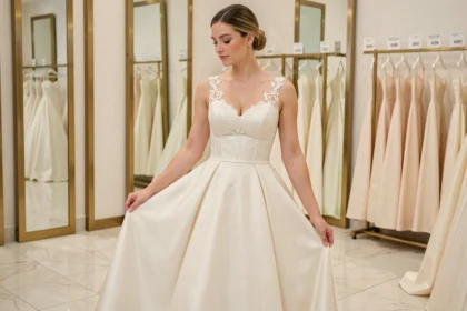 Jeune femme essayant une robe de mariée en dentelle ivoire dans une boutique de créateur haut de gamme