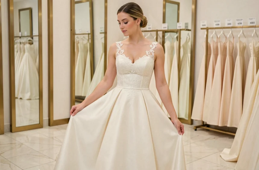 Jeune femme essayant une robe de mariée en dentelle ivoire dans une boutique de créateur haut de gamme