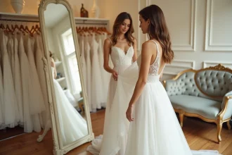Jeune femme essayant une robe de mariée simple dans une boutique de mariage avec des étiquettes de prix visibles