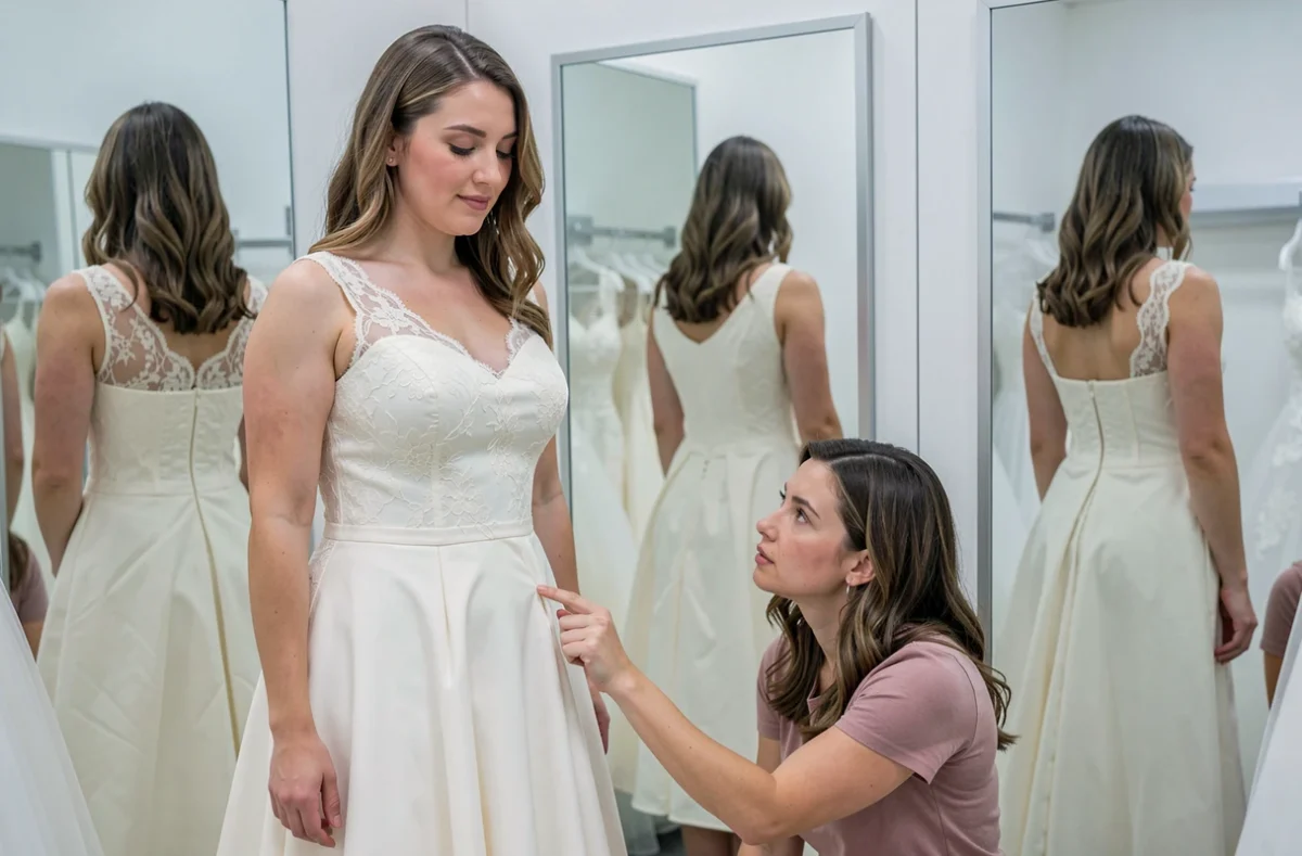 Essayage d'une robe de mariée bon marché révélant des problèmes de coupe et de finition dans une cabine d'essayage