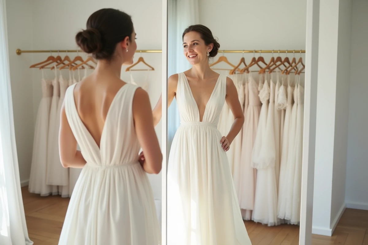 Femme essayant une robe de mariée chiffon minimaliste dans une boutique de mariage moderne, tendance robe de mariée economique 2026