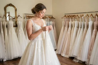 Jeune femme essayant une robe de mariée élégante pas chère dans une boutique de mariage