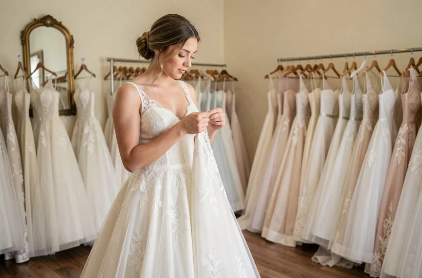 Jeune femme essayant une robe de mariée élégante pas chère dans une boutique de mariage