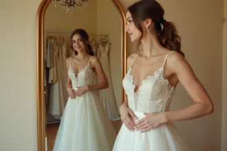 Jeune femme essayant une robe de mariée ivoire simple et élégante dans une petite boutique de mariage avec miroir vintage