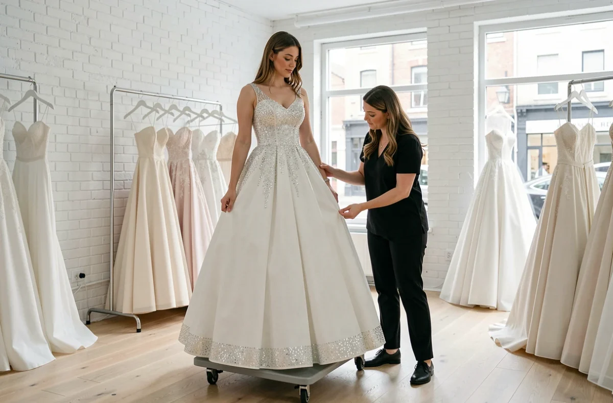 Essayage d'une robe de mariée princesse à paillettes discrètes en boutique, conseils de styliste pour éviter l'effet costume