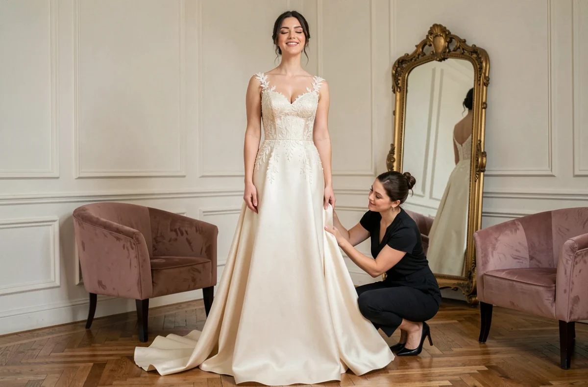 Mariée en robe sur-mesure lors d'un essayage dans un atelier de créateur de robes de mariée haut de gamme