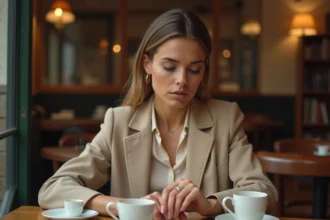 Femme élégante portant une bague en or dans un café parisien
