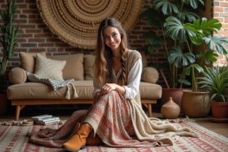 Jeune femme en style boheme dans un salon cosy