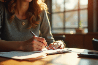 Femme écrivant une lettre au café avec alliance visible