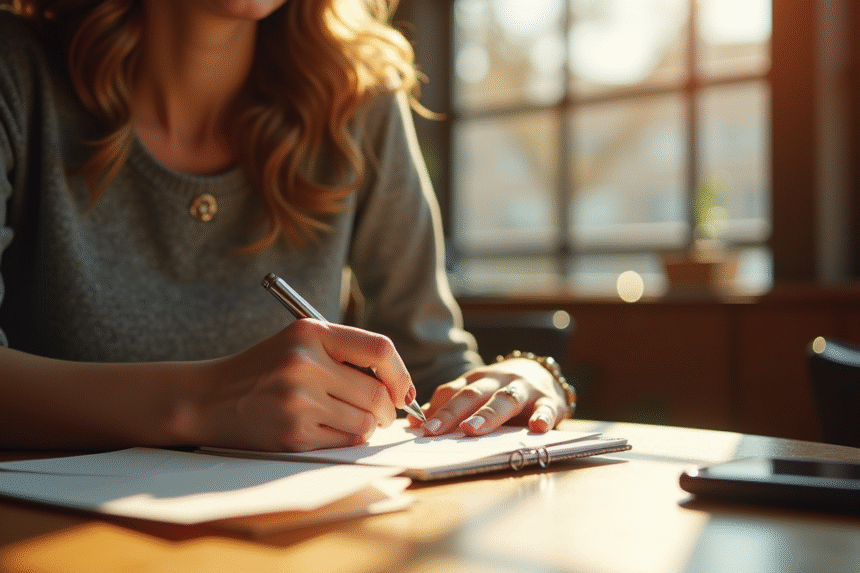 Femme écrivant une lettre au café avec alliance visible