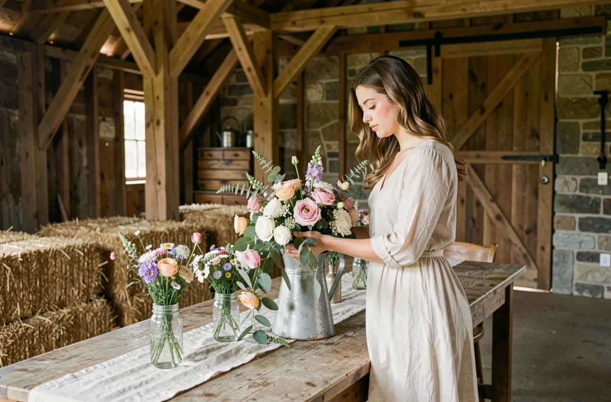 Femme arrangeant un centre de table champêtre dans une grange rustique avec poutres en bois et bocaux fleuris pour une cérémonie