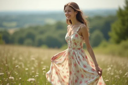 Jeune femme en robe fleurie dans un pré sauvage