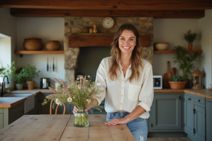 Femme souriante arrangeant des fleurs sauvages dans un vase dans une cuisine chaleureuse