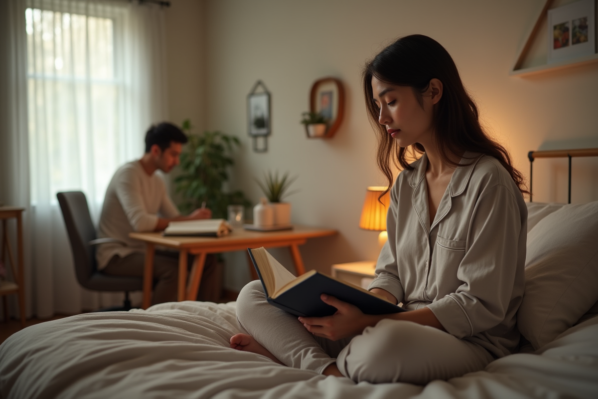Femme lisant dans une chambre calme et cosy
