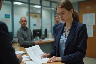 Femme consultant des documents officiels au guichet d'une mairie française lors de la publication des bans de mariage