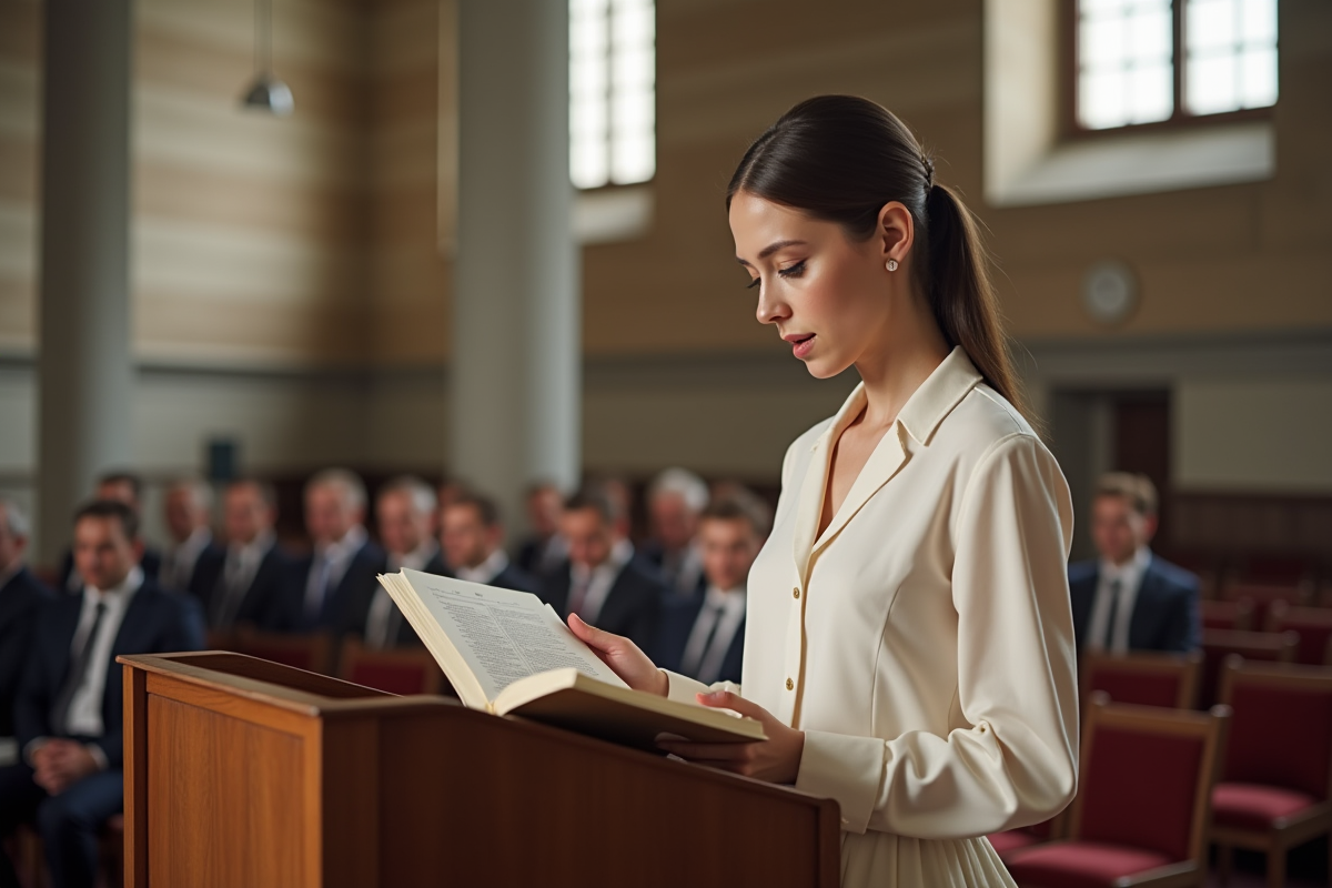 Jeune femme lisant registre de mariage en salle