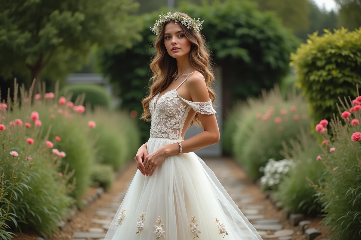 Femme en robe bohème dans un jardin fleuri et verdoyant