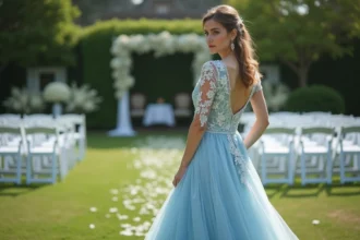 Femme en robe bleue élégante lors d'un mariage en extérieur