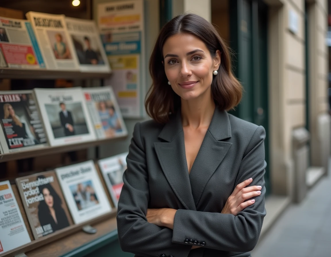 Femme professionnelle et reconnue devant un kiosque à journaux parisien, symbolisant la notoriété médiatique et la présence publique