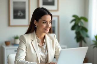 Femme élégante consultant les résultats de recherche Google sur son ordinateur portable dans un bureau contemporain blanc, illustrant la notoriété en ligne