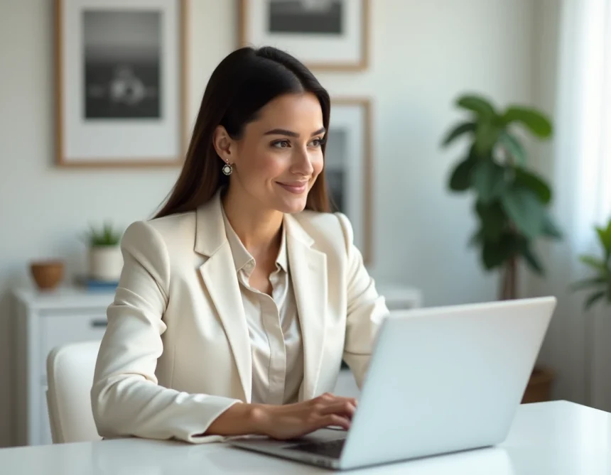 Femme élégante consultant les résultats de recherche Google sur son ordinateur portable dans un bureau contemporain blanc, illustrant la notoriété en ligne