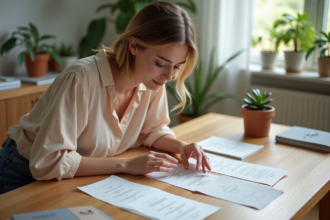 Jeune femme organise invitations et tissus pour mariage