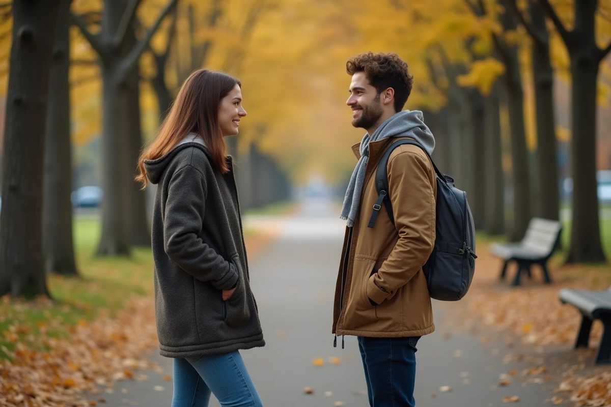 Une femme parle dans un parc urbain en automne