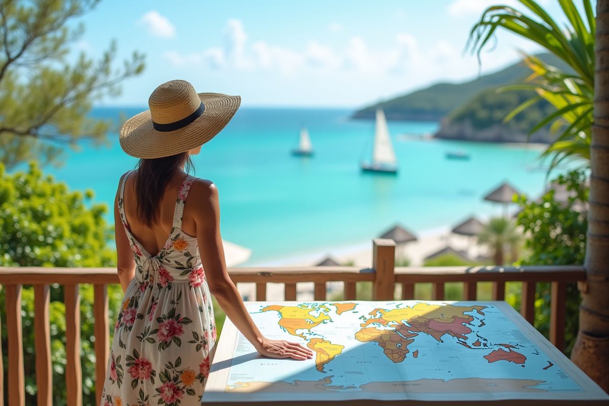 Femme regardant une carte du monde depuis un balcon en bord de mer