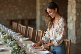 Jeune femme arrangeant des guirlandes en papier pour un mariage