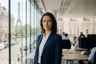 Femme professionnelle en blazer marine dans un bureau moderne parisien avec vue sur la ville