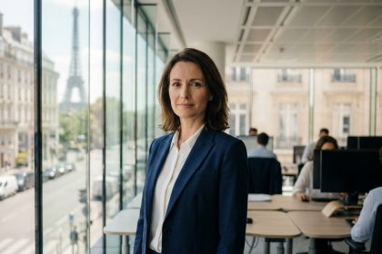 Femme professionnelle en blazer marine dans un bureau moderne parisien avec vue sur la ville